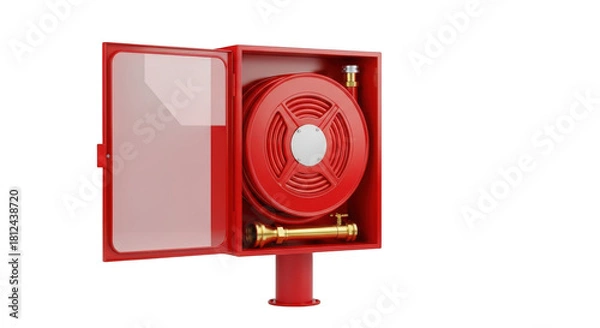 Fototapeta Red fire hose reel cabinet with open door on a black background