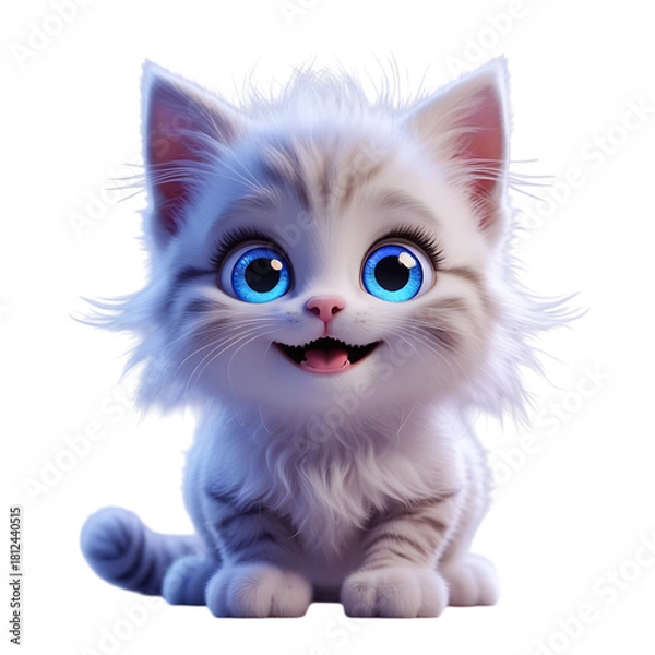 Obraz Adorable 3D cartoon kitten with huge blue eyes, fluffy white fur, and a cheerful smile