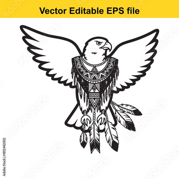 Fototapeta Tribal eagle with wings spread, detailed black and white vector illustration featuring native american inspired adornment, isolated on