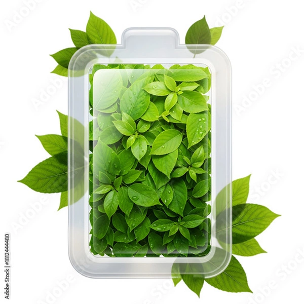 Obraz Battery icon filled with green leaves isolated on transparent background