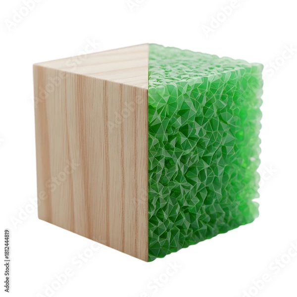 Obraz Green sponge cube with wooden block isolated on transparent background, ecofriendly material
