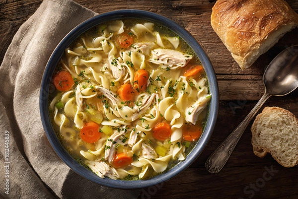 Fototapeta Homemade chicken noodle soup with fresh bread on a rustic wooden table.