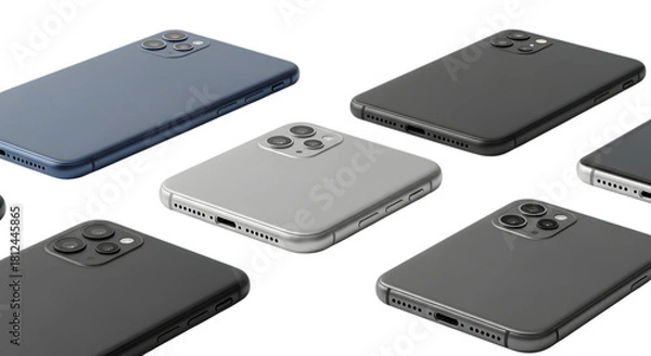 Obraz Assortment of modern smartphones showcasing sleek design and camera technology isolated on transparent background