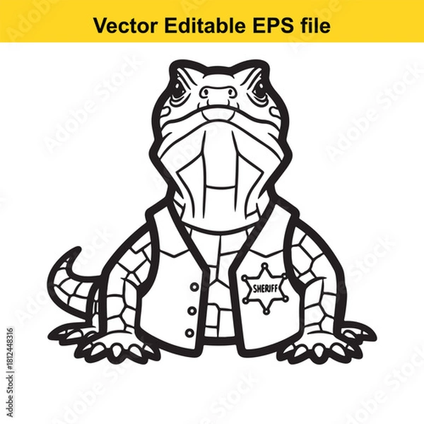 Obraz Outline vector illustration of a cute lizard dressed as a sheriff wearing a badge, isolated on