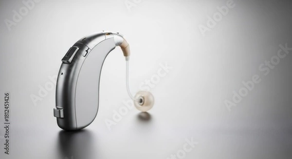 Fototapeta Single gray and metallic hearing aid for hearing loss treatment. Modern medical technology for auditory health and sound improvement.