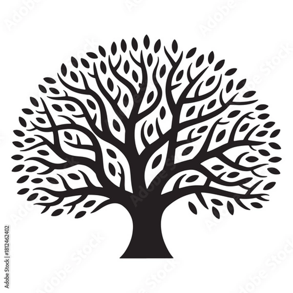 Obraz Black silhouette of a stylized tree with oval leaves on white background vector 1