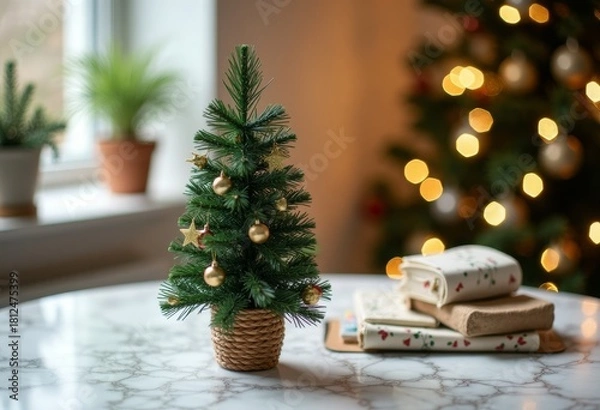Fototapeta Small tabletop Christmas tree with ornaments