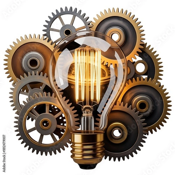 Obraz Vintage Style Light Bulb with Gears and Cogs symbolizing Innovation and Mechanical Concept Design on White Background