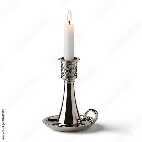 Fototapeta Simple white candle with flame, minimalist Christmas light perfect for elegant holiday cards and peaceful festive seasonal celebration designs.