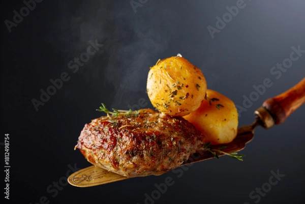 Fototapeta Roasted potatoes with cutlet and thyme.