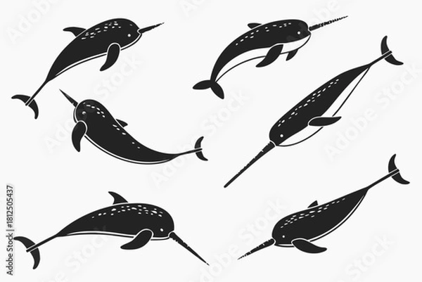Fototapeta Minimalist narwhal swimming icon set with ocean elements