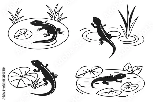 Fototapeta Minimalist icon set featuring a newt in a pond with vibrant colors