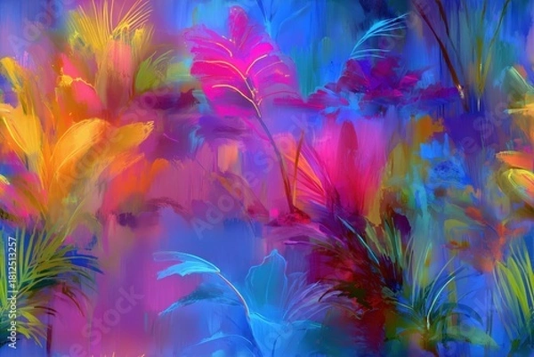 Fototapeta Seamless pattern of painted plants with bright colors and soft glow creating vibrant tropical scene in dreamy artistic nature design