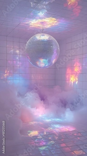 Fototapeta A dazzling disco ball suspended in a foggy room, casting colorful reflections on white tiles, enhancing the lively ambiance perfect for events and gatherings