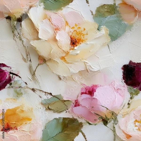 Fototapeta Seamless pattern of painted flowers with soft colors and thick strokes creating delicate floral pattern in bright artistic nature scene