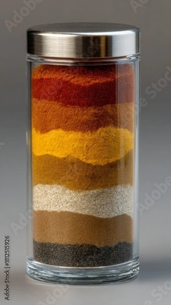 Fototapeta Clear glass jar filled with vibrant layers of spices, featuring rich textures and colors, perfect for culinary inspiration and enhancing food presentation