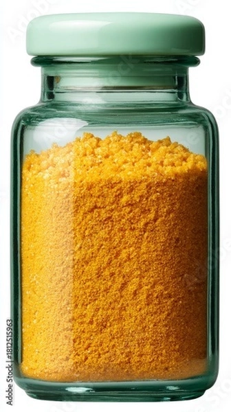 Fototapeta Glass container filled with bright yellow spice powder, featuring a mint green lid, highlighting the vibrant color and texture of culinary ingredients for food preparation