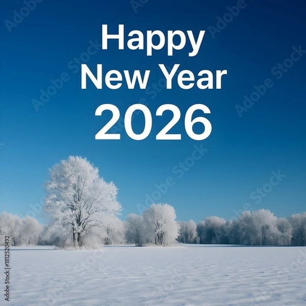 Fototapeta Happy New Year 2026 Snowy Landscape With Frosty Trees Under Blue Sky
