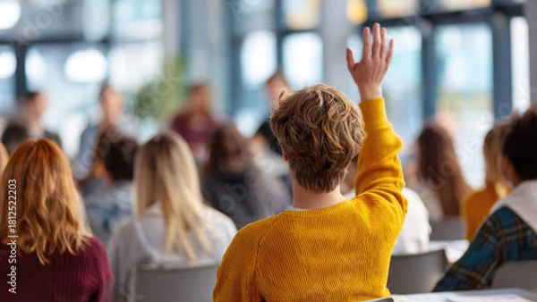 Fototapeta Rear view of a person in a yellow sweater raising their hand, actively participating in a lecture, class, or conference.
