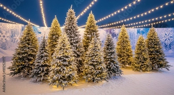 Obraz Festive snow-covered evergreen trees illuminated by string lights