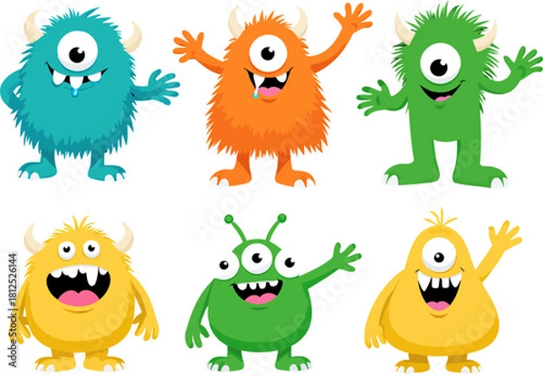 Fototapeta Cute cartoon monsters set with funny expressions and different colors
