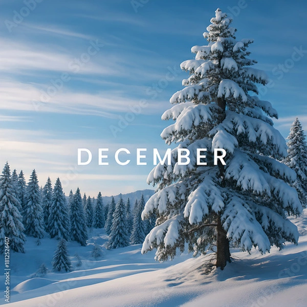 Fototapeta December Snowy Forest Landscape With Snow-Covered Pine Tree Under Clear Winter Sky and Tranquil Snowfields