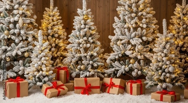 Obraz Frosted christmas trees with gifts, ornaments, and golden lights.