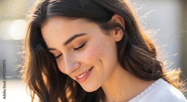 Fototapeta Portrait of a smiling woman with brown wavy hair and a white top looking down in soft natural light