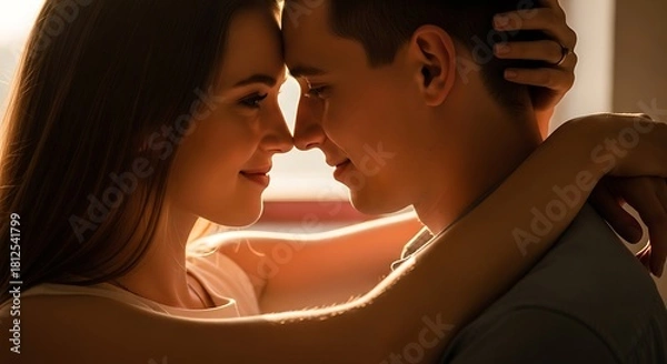 Fototapeta Close up of a woman embracing a man with their foreheads touching in a warm and intimate moment