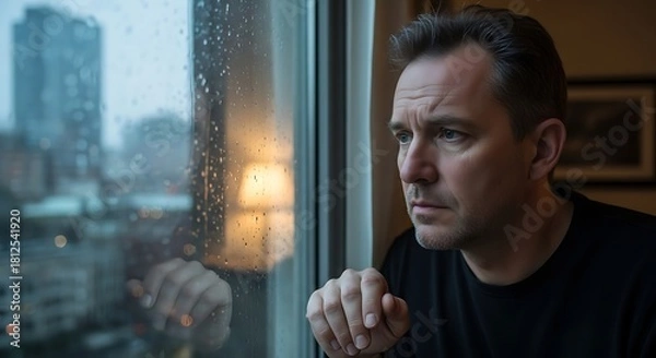 Fototapeta Man looking out rainy window with buildings visible in the background on a cloudy day inside