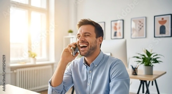 Fototapeta Man in blue shirt laughing while talking on a smartphone in a bright modern office setting at his desk