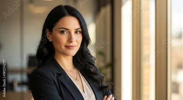 Fototapeta Portrait of a confident woman in a blazer with arms crossed in an office setting by a window