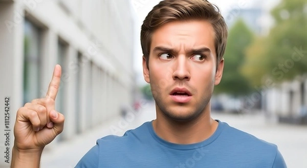 Fototapeta A man with a surprised expression pointing his finger up in an outdoor urban setting with blurred background