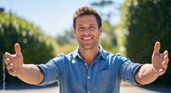 Fototapeta A man with open arms wearing a blue shirt and smiling in front of a green background on a sunny day