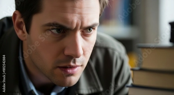 Fototapeta Close up of a man with furrowed brow wearing a jacket and blue shirt looking intently at something