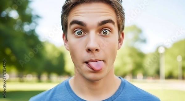 Fototapeta A young man with a funny expression sticking out his tongue in front of a blurred green background