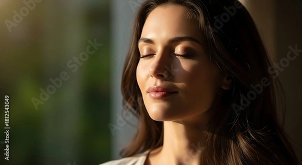 Fototapeta Woman with closed eyes enjoying sunlight on her face with brown hair and soft facial features in a serene pose
