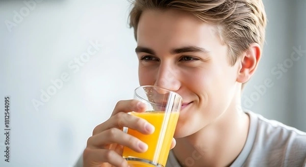 Fototapeta A young man smiling while holding a glass of orange juice in a bright, naturally lit indoor environment