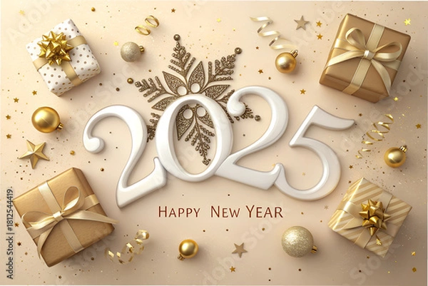 Fototapeta "Elegant Gold and White 'Happy New Year 2025' Celebration with Festive Gifts, Ornaments, and Sparkling Snowflake"