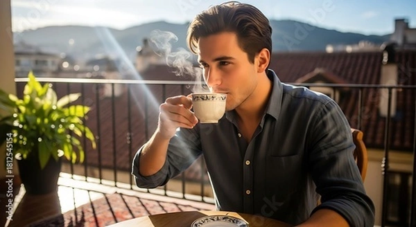 Fototapeta Man drinking coffee on a balcony with a view of buildings and mountains in the background on a sunny day