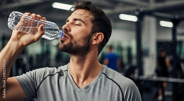 Fototapeta Man drinking water from a plastic bottle in a gym after workout staying hydrated and refreshed after exercise