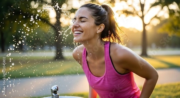 Fototapeta Woman in pink tank top drinking water from a public fountain on a sunny day in a park setting
