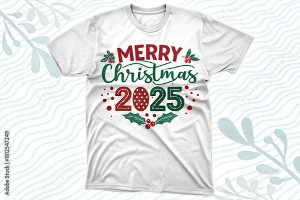 Obraz Festive "Merry Christmas 2025" T-Shirt Design with Holly, Berries, and Pinecone Pattern in Red and Green on White Apparel
