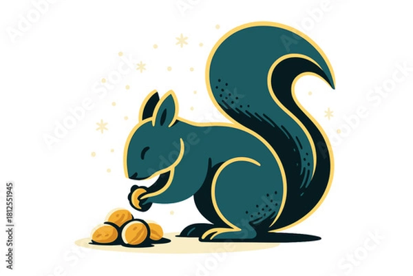 Fototapeta Squirrel's Winter Feast. Nut feast in frost. Tiny snowflakes drift around a squirrel hunched over a pile of