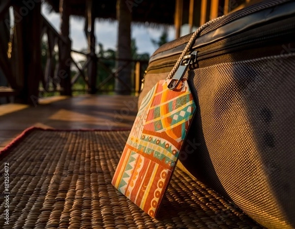 Obraz Colorful luggage tag attached to a bag on a woven mat