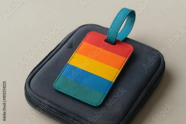 Obraz Colorful rainbow luggage tag resting on a fabric pouch