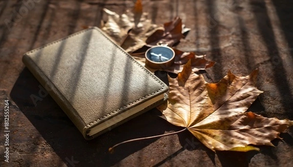 Obraz A notebook and compass alongside autumn leaves on a wooden surface