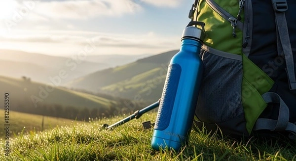 Obraz Blue Water Bottle Leaning Against Backpack on Grassy Hill