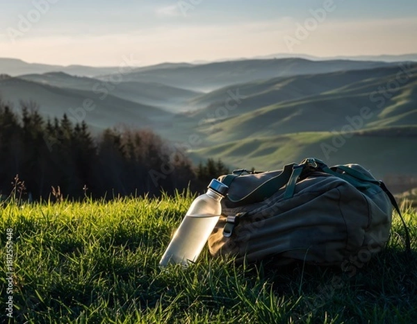 Obraz Reusable water bottle resting against a hiking bag on a green hill