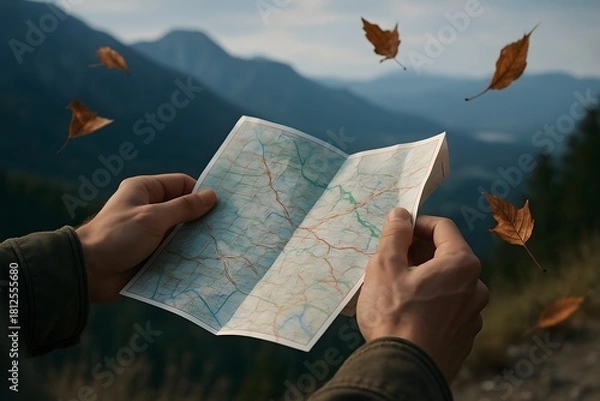 Obraz Hands holding a map exploring nature and mountain views